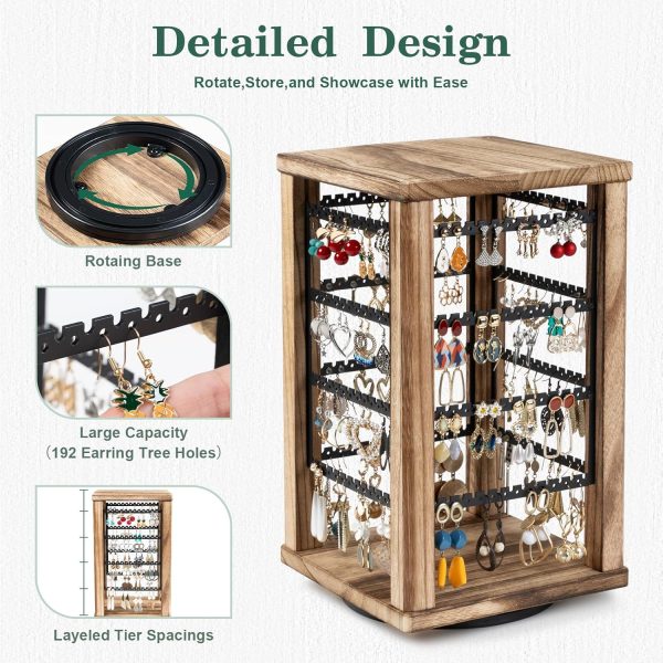 Emfogo 360° Rotating Rustic Wood Earring Organizer Stand, 4-Tier Display for Earrings & Necklaces, Ideal Gift for Women - Image 5