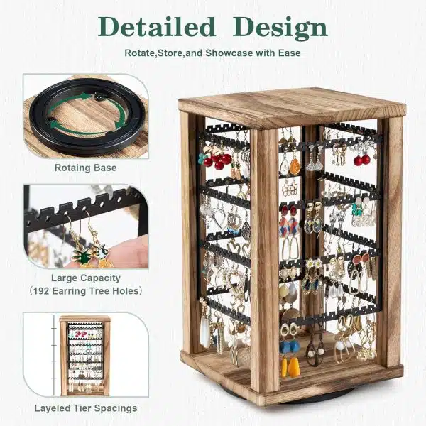 Emfogo 360° Rotating Rustic Wood Earring Organizer Stand, 4-Tier Display for Earrings & Necklaces, Ideal Gift for Women - Image 5