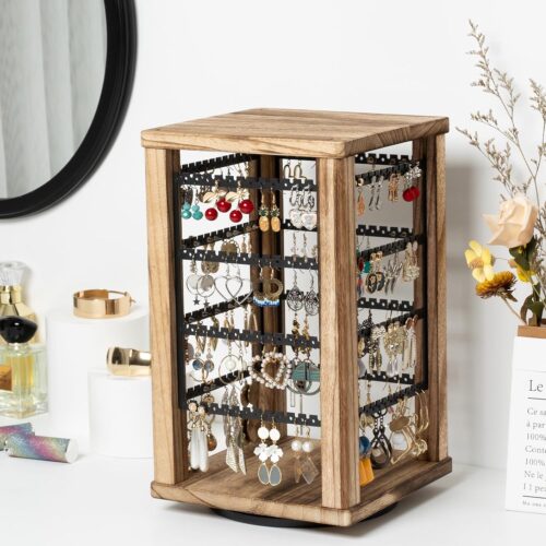 Emfogo 360° Rotating Rustic Wood Earring Organizer Stand, 4-Tier Display for Earrings & Necklaces, Ideal Gift for Women - Image 3