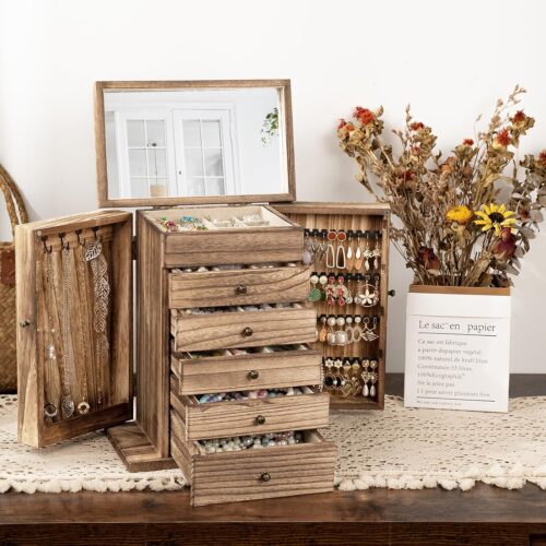 Emfogo 6-Tier Wooden Jewelry Box with Mirror – Large Rustic Organizer for Women - Image 3