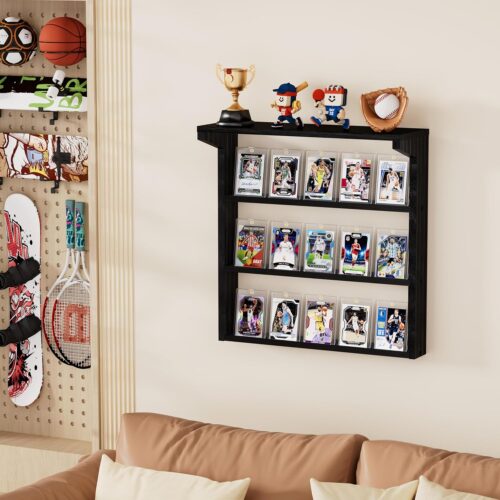 Emfogo Wall-Mounted Trading Card Display Stand – 3 Tier Wooden Holder for Graded Sports Cards - Image 2