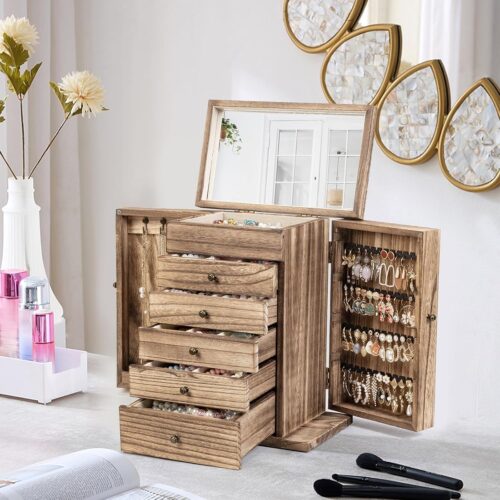 Emfogo 6-Tier Wooden Jewelry Box with Mirror – Large Rustic Organizer for Women - Image 4