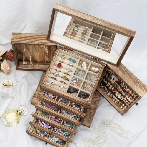 Emfogo 6-Tier Wooden Jewelry Box with Mirror – Large Rustic Organizer for Women - Image 7