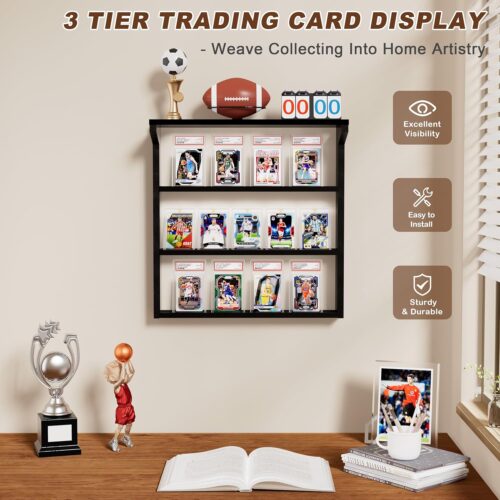 Emfogo Wall-Mounted Trading Card Display Stand – 3 Tier Wooden Holder for Graded Sports Cards - Image 6