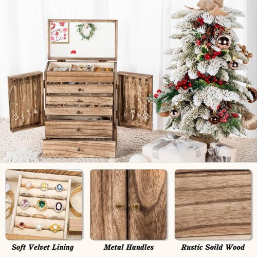 Emfogo 6-Tier Wooden Jewelry Box with Mirror, Large Rustic Jewelry Organizer for Rings, Necklaces & Watches - Image 4