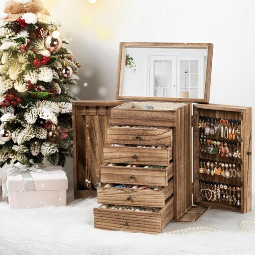 Emfogo 6-Tier Wooden Jewelry Box with Mirror – Large Rustic Organizer for Women - Image 2