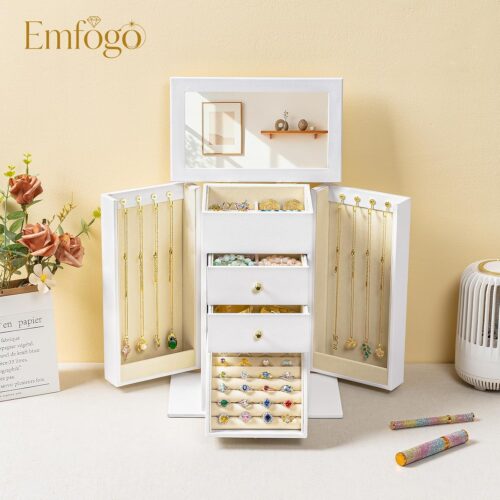 Emfogo Large Faux Leather Jewelry Box with Mirror – 4 Tier Organizer with Drawers & Necklace Hooks - Image 2