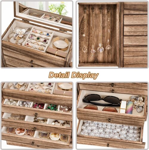 Emfogo 6-Tier Wooden Jewelry Box with Mirror, Large Rustic Jewelry Organizer for Rings, Necklaces & Watches - Image 6
