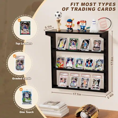 Emfogo Wall-Mounted Trading Card Display Stand – 3 Tier Wooden Holder for Graded Sports Cards - Image 3