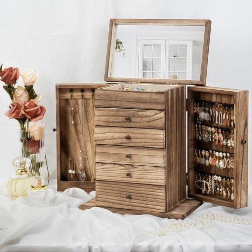 Emfogo 6-Tier Wooden Jewelry Box with Mirror – Large Rustic Organizer for Women - Image 5