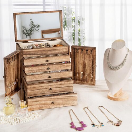 Emfogo 6-Tier Wooden Jewelry Box with Mirror, Large Rustic Jewelry Organizer for Rings, Necklaces & Watches - Image 7