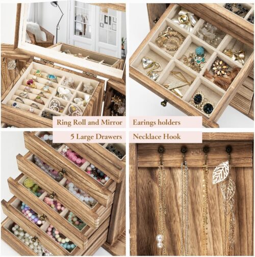 Emfogo 6-Tier Wooden Jewelry Box with Mirror – Large Rustic Organizer for Women - Image 8