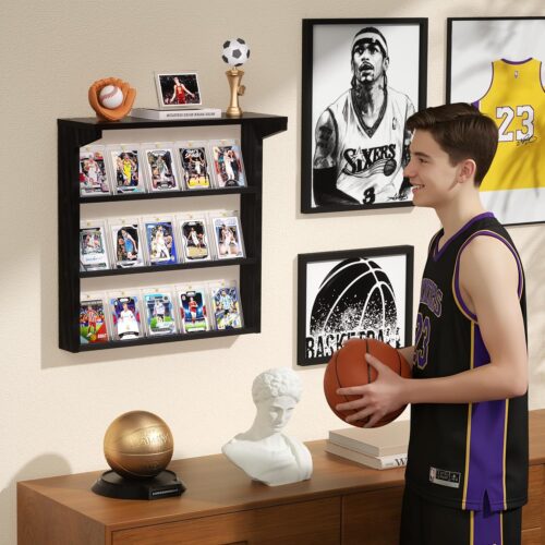 Emfogo Wall-Mounted Trading Card Display Stand – 3 Tier Wooden Holder for Graded Sports Cards - Image 7