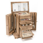 Rustic Wooden 4-Layer Jewelry Box with Mirror for Women