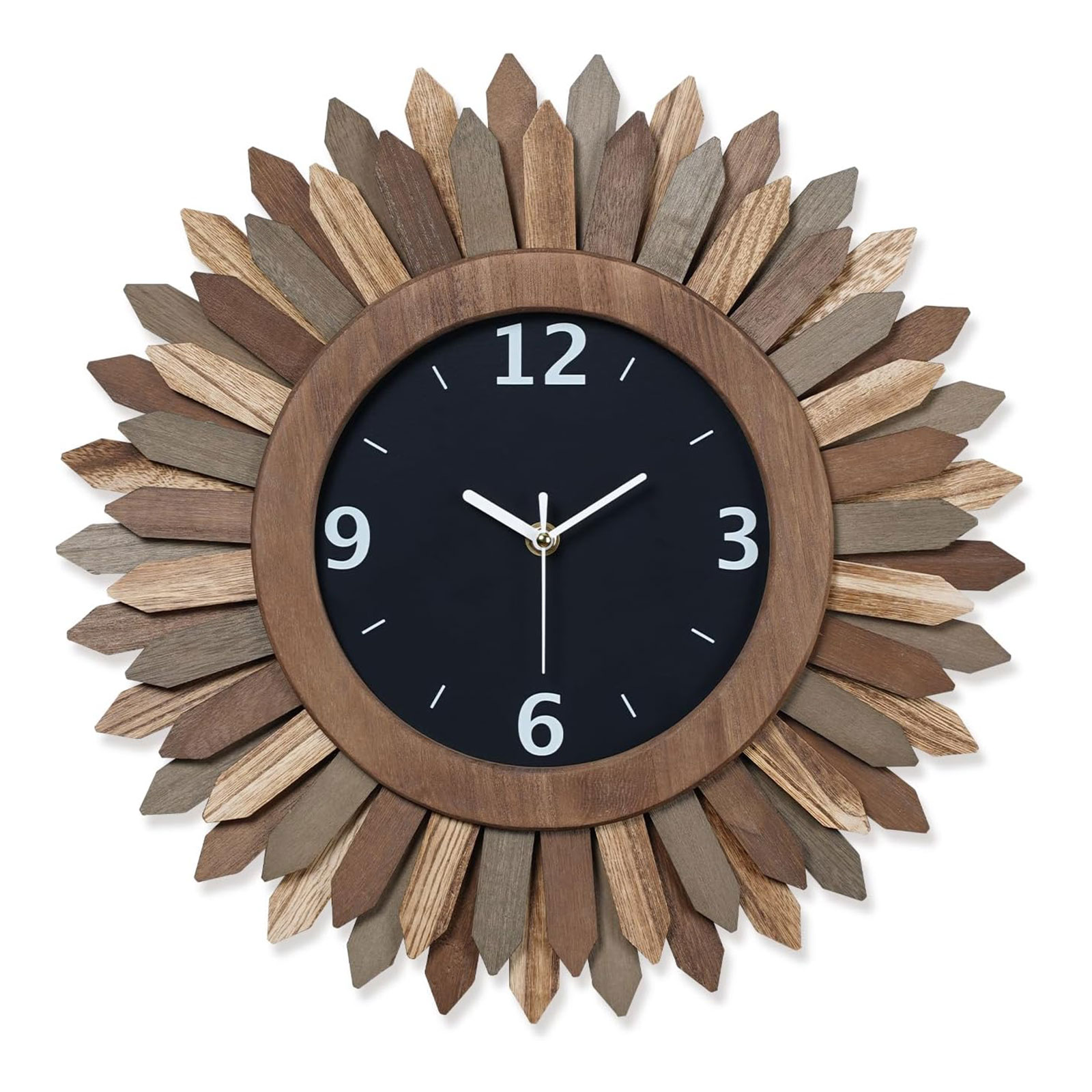 未标题-1 Rustic Wood Boho Sunburst Silent Wall Clock, Battery Operated Non Ticking Decor Clock for Home Decor - Image 1