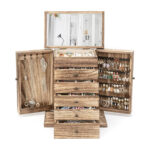 Emfogo 6-Tier Wooden Jewelry Box with Mirror – Large Rustic Organizer for Women
