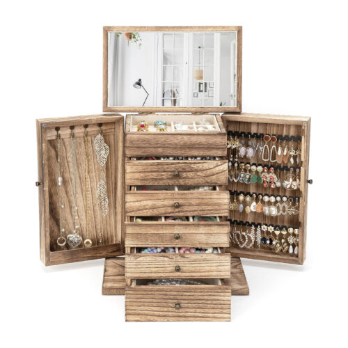 Emfogo 6-Tier Wooden Jewelry Box with Mirror – Large Rustic Organizer for Women