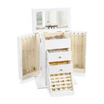 Emfogo Large Faux Leather Jewelry Box with Mirror – 4 Tier Organizer with Drawers & Necklace Hooks