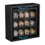 Emfogo Rotating Challenge Coin Display – Double-Sided Wooden Holder for 33 Coins