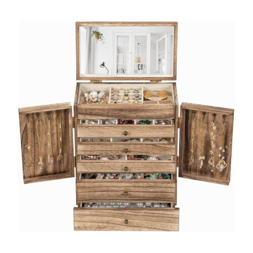 Emfogo 6-Tier Wooden Jewelry Box with Mirror, Large Rustic Jewelry Organizer for Rings, Necklaces & Watches