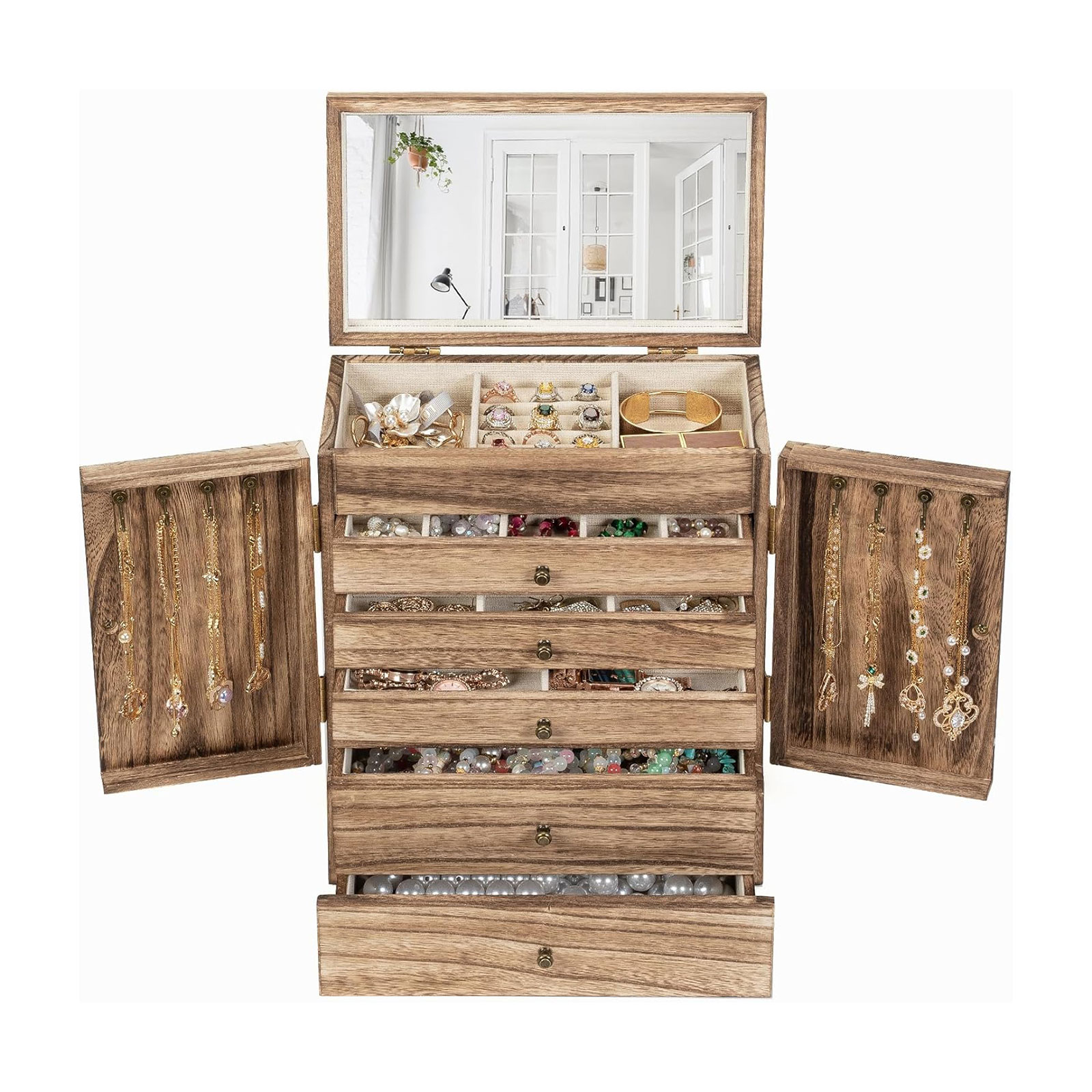 未标题-1 Emfogo 6-Tier Wooden Jewelry Box with Mirror, Large Rustic Jewelry Organizer for Rings, Necklaces & Watches - Image 1