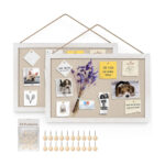 Linen Cork Board, Wood Framed Vintage White Bulletin Board with Push Pins