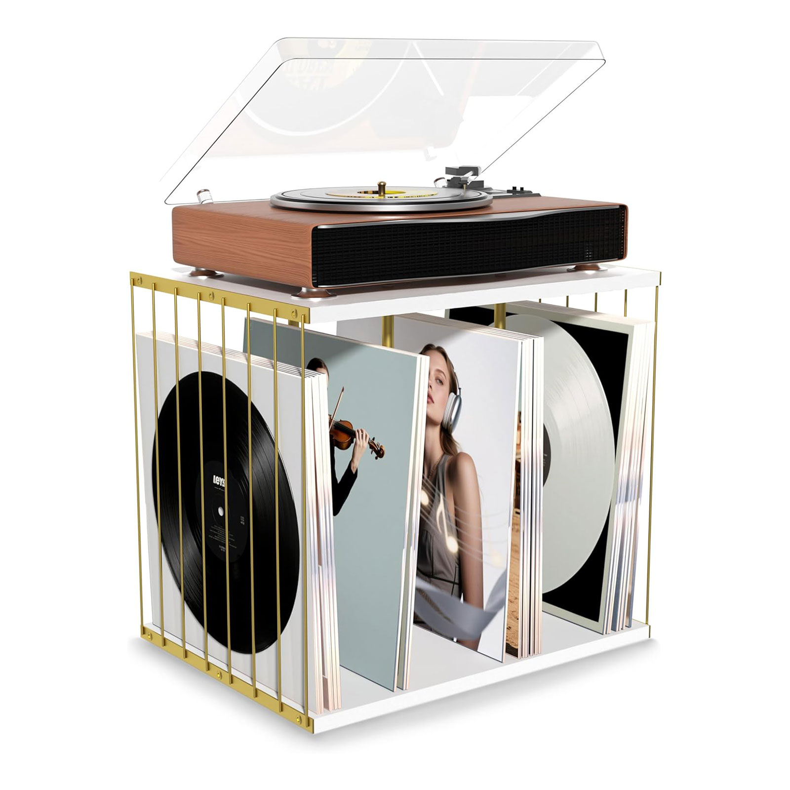 未标题-1 Metal & Wooden Vinyl Record Holder, 3-Compartment Record Player Stand for Albums, Books & Magazines - Image 1
