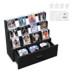 Emfogo 3-Tier Wood Trading Card Display Case with Drawer, Graded Sports Card Organizer for Collection