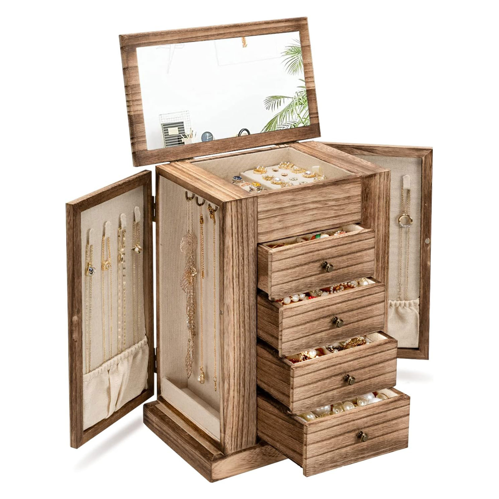 未标题-1-恢复的 Emfogo 5 Layer Large Wood Jewelry Box with Mirror & Drawers, Rustic Organizer for Necklaces, Earrings, Rings and Bracelets - Image 1