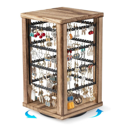 Emfogo 360° Rotating Rustic Wood Earring Organizer Stand, 4-Tier Display for Earrings & Necklaces, Ideal Gift for Women