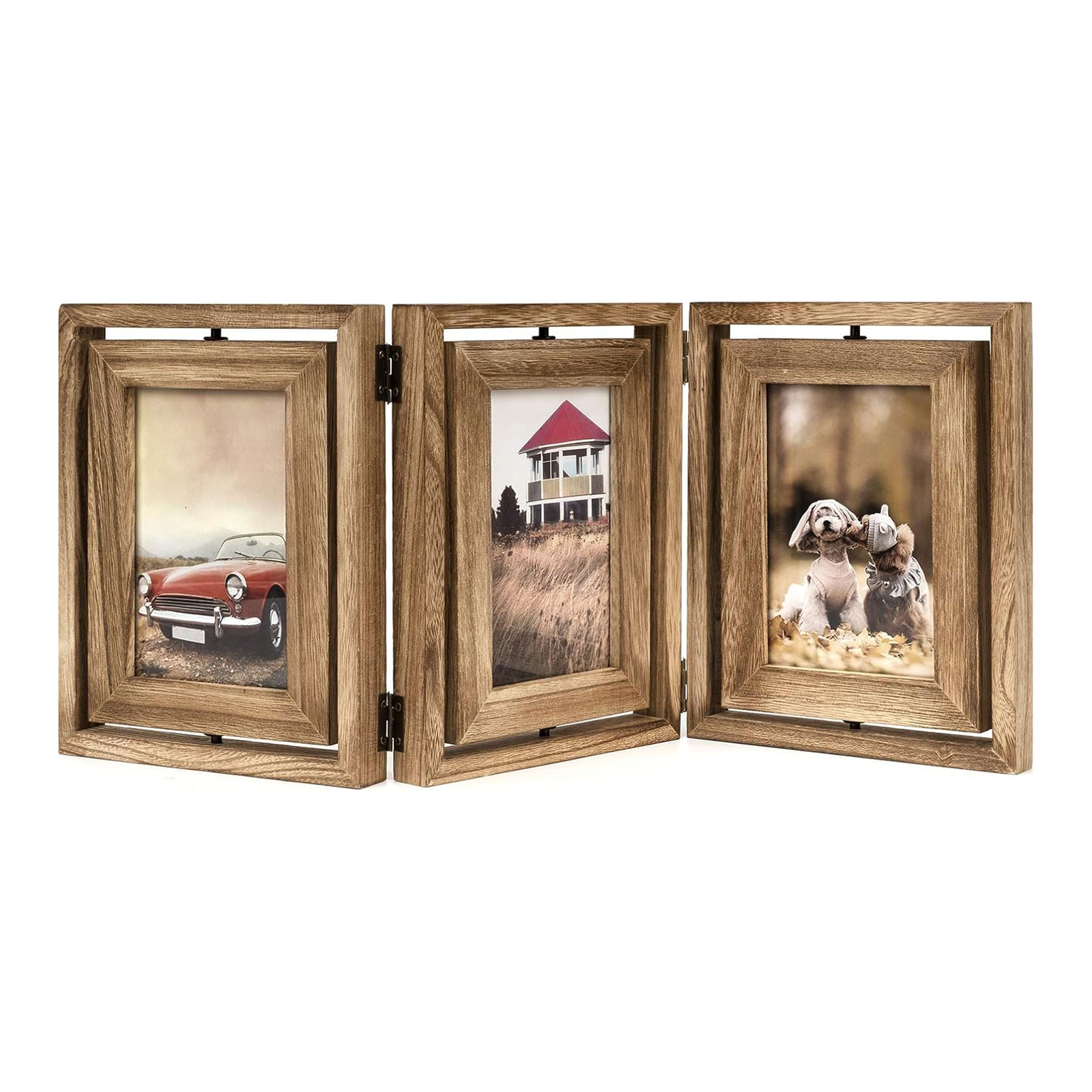 未标题-1-恢复的 Emfogo Rustic Wood Triple Folding Picture Frame 4x6, Rotatable Double-Sided HD Glass Photo Frame for Tabletop Display - Image 1