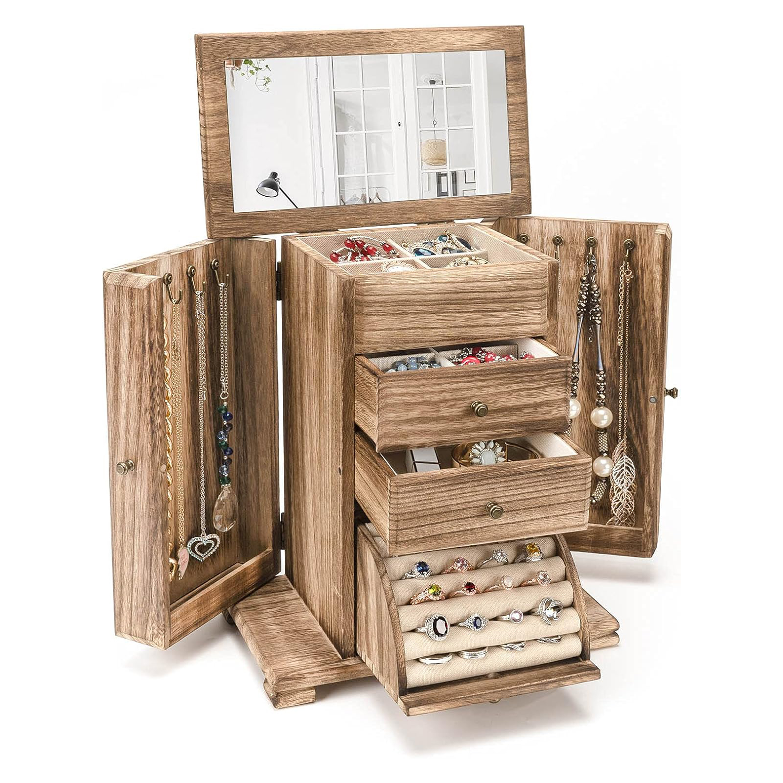 未标题-1 Rustic Wooden 4-Layer Jewelry Box with Mirror for Women - Image 1