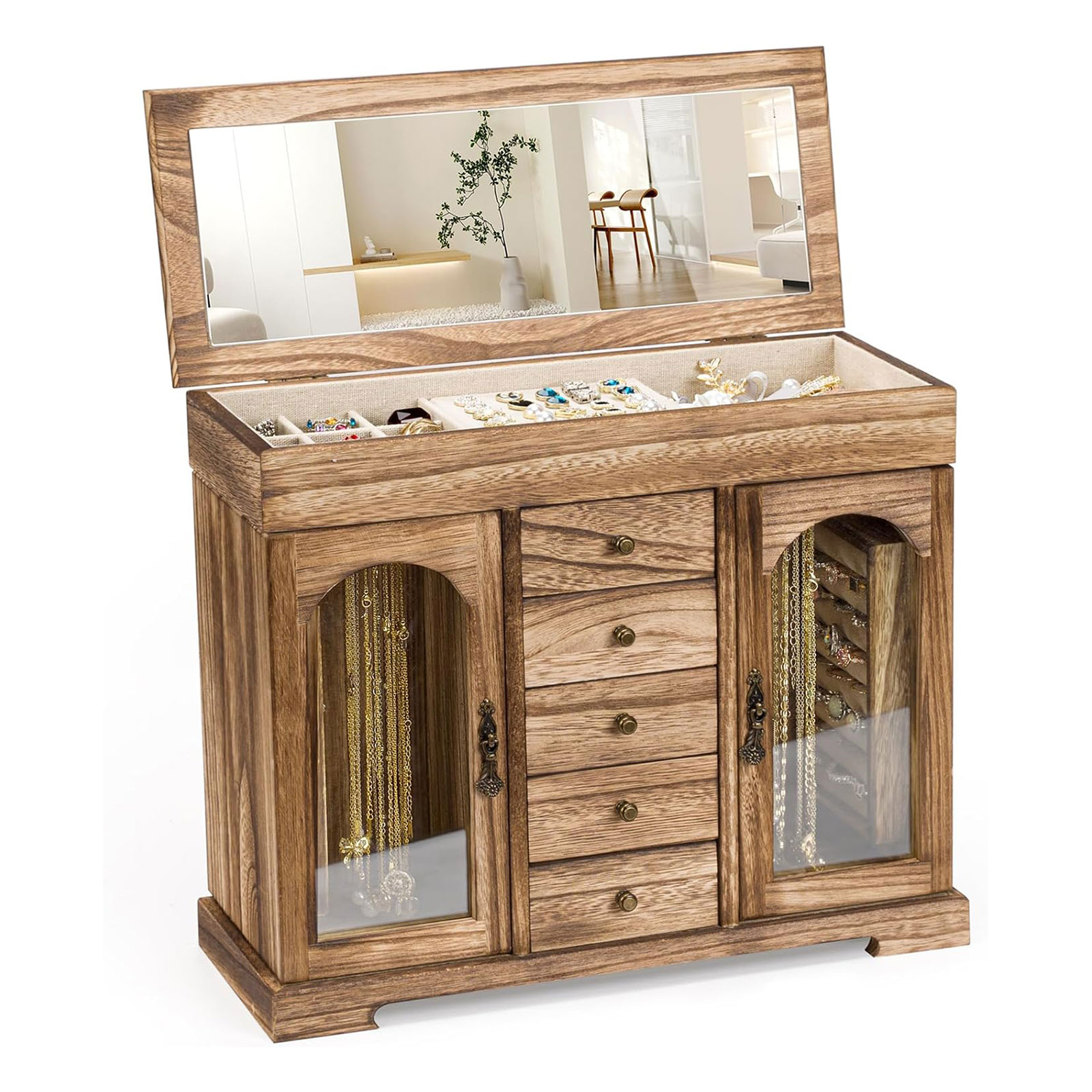 未标题-2-恢复的 Rustic Wooden Jewelry Box with Mirror, 5-Layer Jewelry Organizer for Necklaces, Earrings & Rings - Image 1