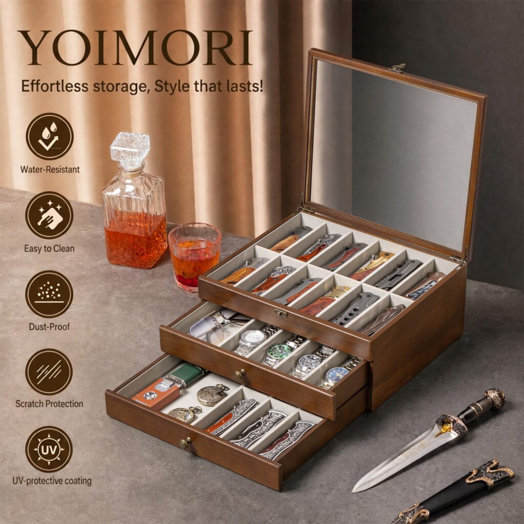 Emfogo 3-Tier Wooden Pocket Knife Display Case with Glass Lid and Drawer