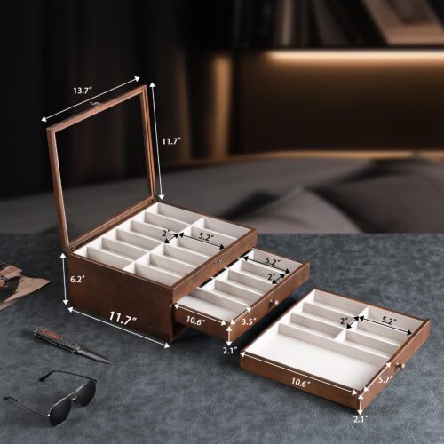 Emfogo 3-Tier Wooden Pocket Knife Display Case with Glass Lid and Drawer
