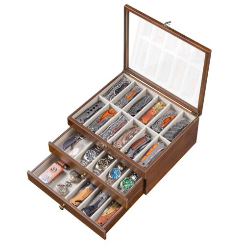 Emfogo 3-Tier Wooden Pocket Knife Display Case with Glass Lid and Drawer