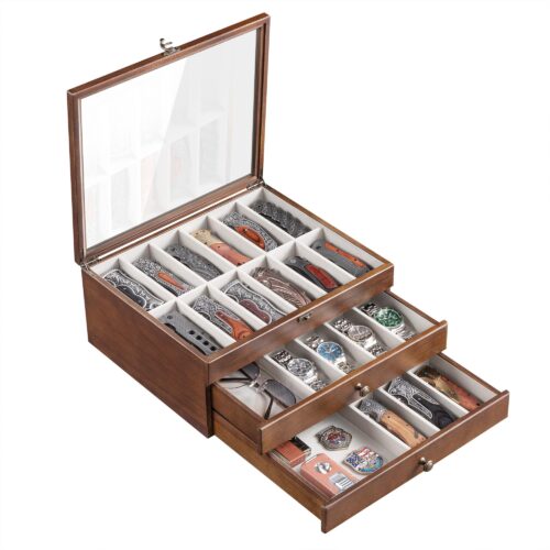 Emfogo 3-Tier Wooden Pocket Knife Display Case with Glass Lid and Drawer