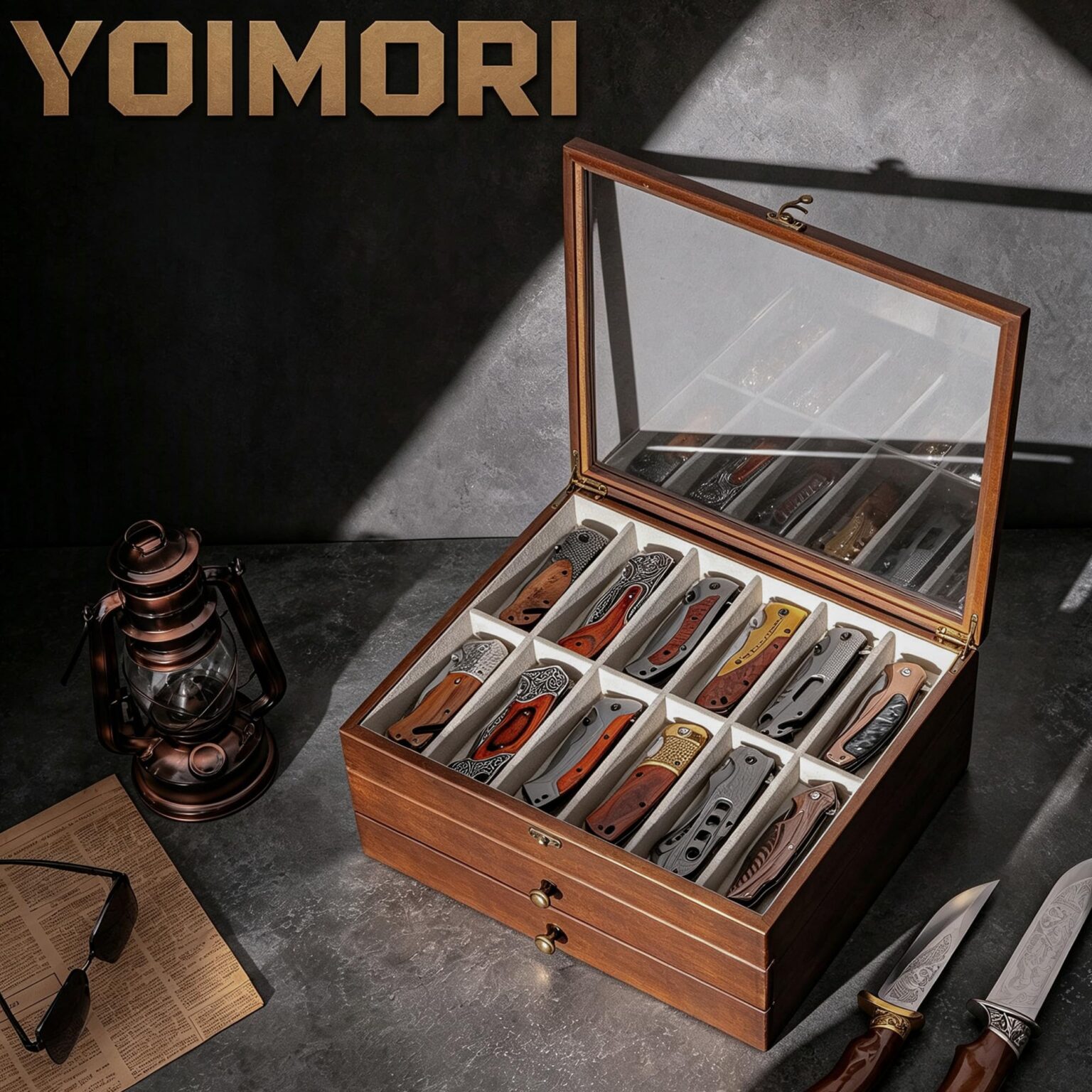 Emfogo 3-Tier Wooden Pocket Knife Display Case with Glass Lid and Drawer