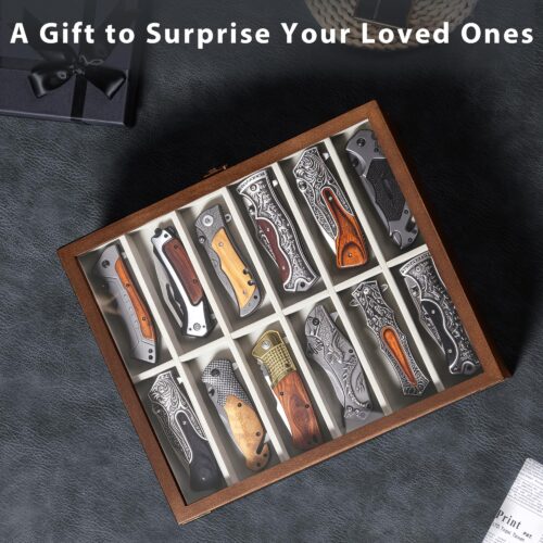 Emfogo 3-Tier Wooden Pocket Knife Display Case with Glass Lid and Drawer