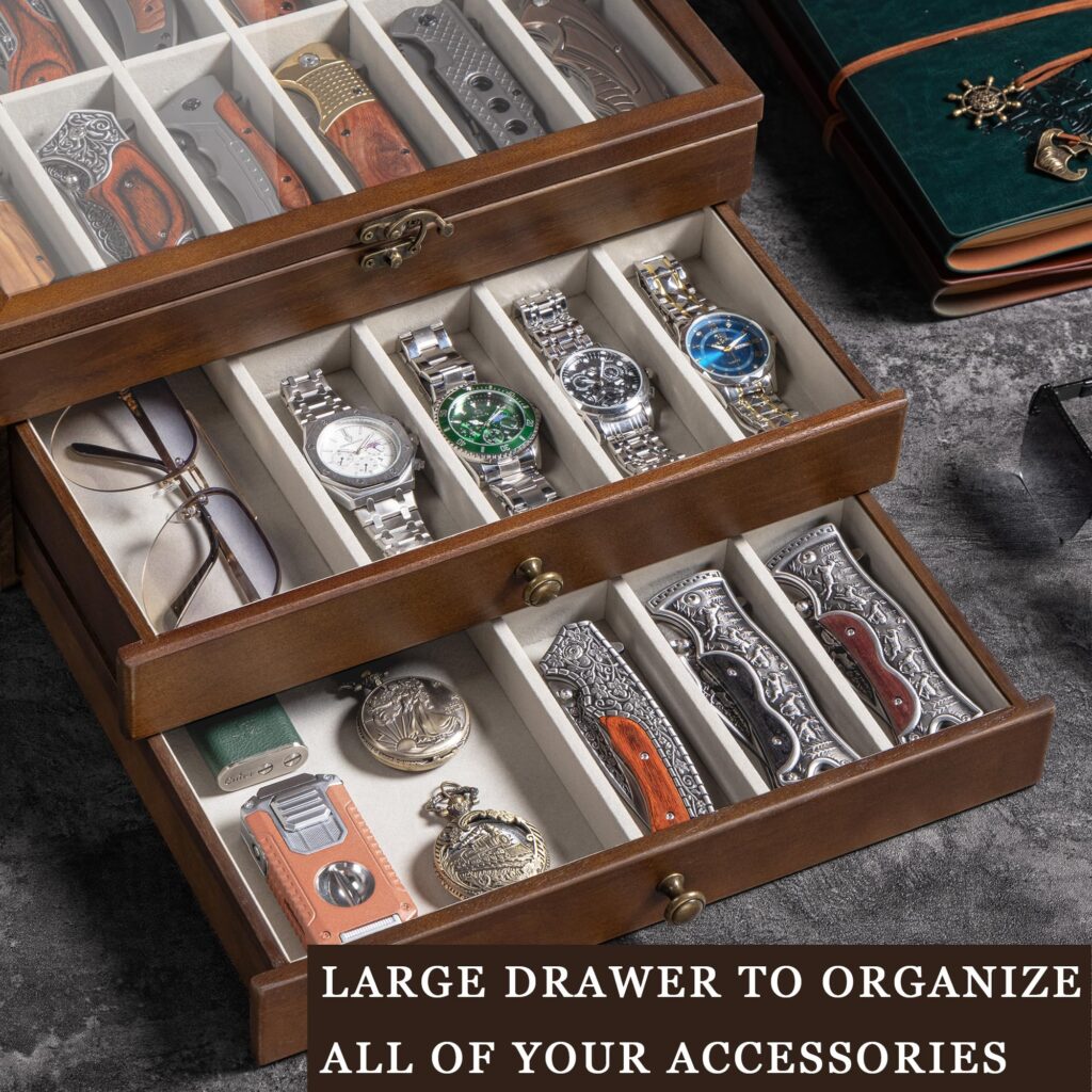 Emfogo 3-Tier Wooden Pocket Knife Display Case with Glass Lid and Drawer