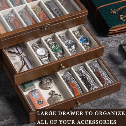 Emfogo 3-Tier Wooden Pocket Knife Display Case with Glass Lid and Drawer