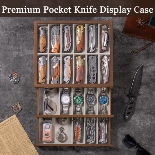 Emfogo 3-Tier Wooden Pocket Knife Display Case with Glass Lid and Drawer