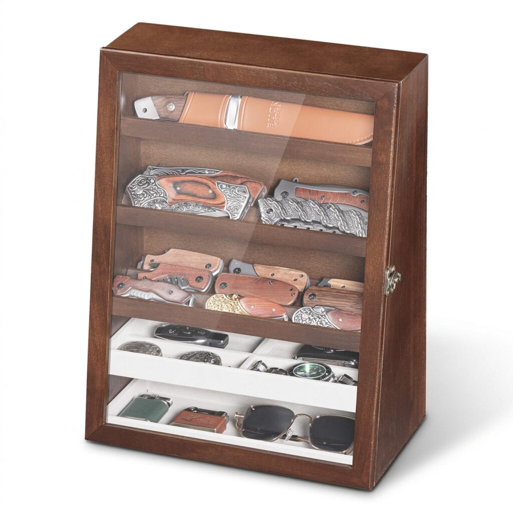Emfogo Wooden Pocket Knife Display Case for 28 Knives