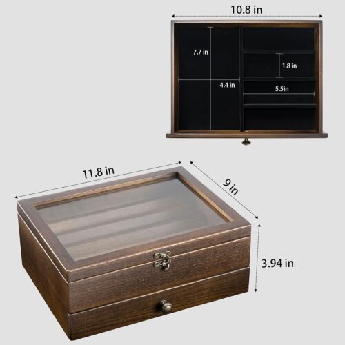 Emfogo Knife Display Case Knife Collection Display Holder with Glass Lid, 2-Layer Wooden Pocket Knife Case with Drawers