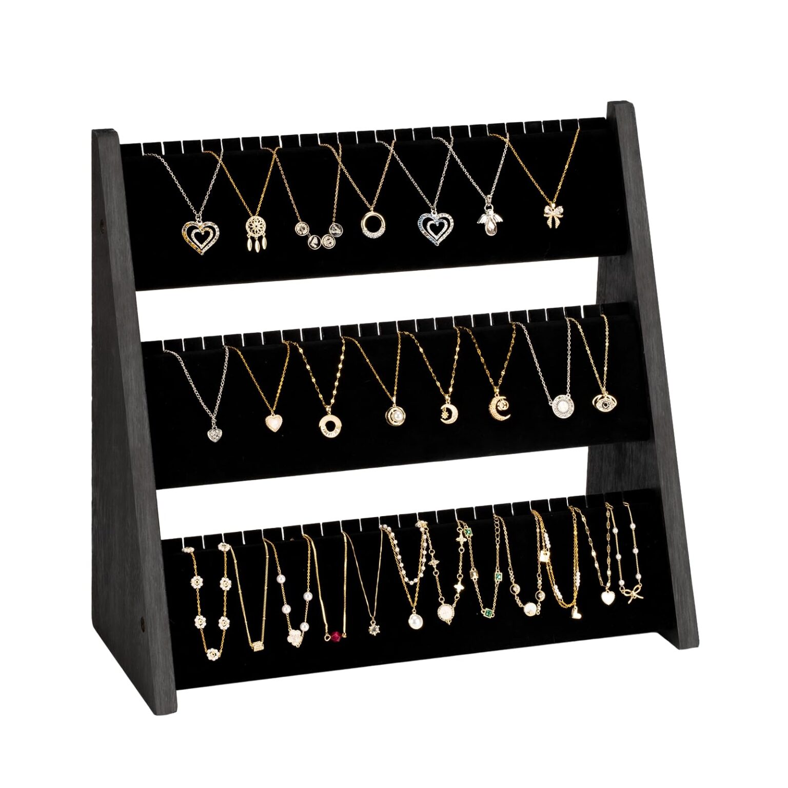 Emfogo Wooden Necklace Display Stand, Multi-Tier Jewelry Organizer - Black And Black, 1 Pack