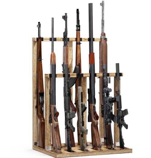 Emfogo Indoor Gun Racks, Wooden Free Standing Heavy Duty Shotgun Display Rack, Rifle Stand Organizer, 12 Rifles Storage Holder Wood Gun Rack
