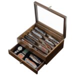 Emfogo Knife Display Case Knife Collection Display Holder with Glass Lid, 2-Layer Wooden Pocket Knife Case with Drawers