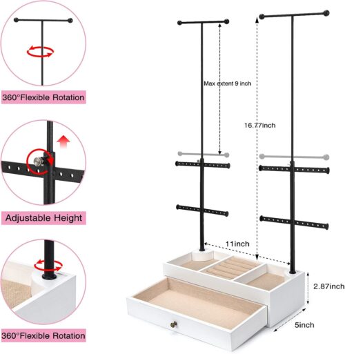 Emfogo Jewelry Organizer Stand Wood Basic Jewelry Drawer Storage Box with Double Rods & 6 Tier Jewelry Tree Stand Holder for Necklaces Bracelet Earring Ring Display