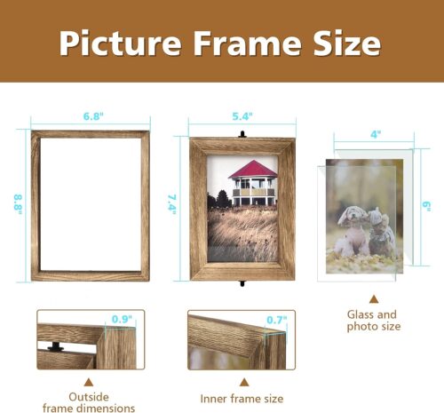 Emfogo 4x6 Picture Frame Rustic Wood Hinged Folding Triple Picture Frames Collage, Double-Sided Display Rotatable High Definition Glass Photo Frame for Home TableTop