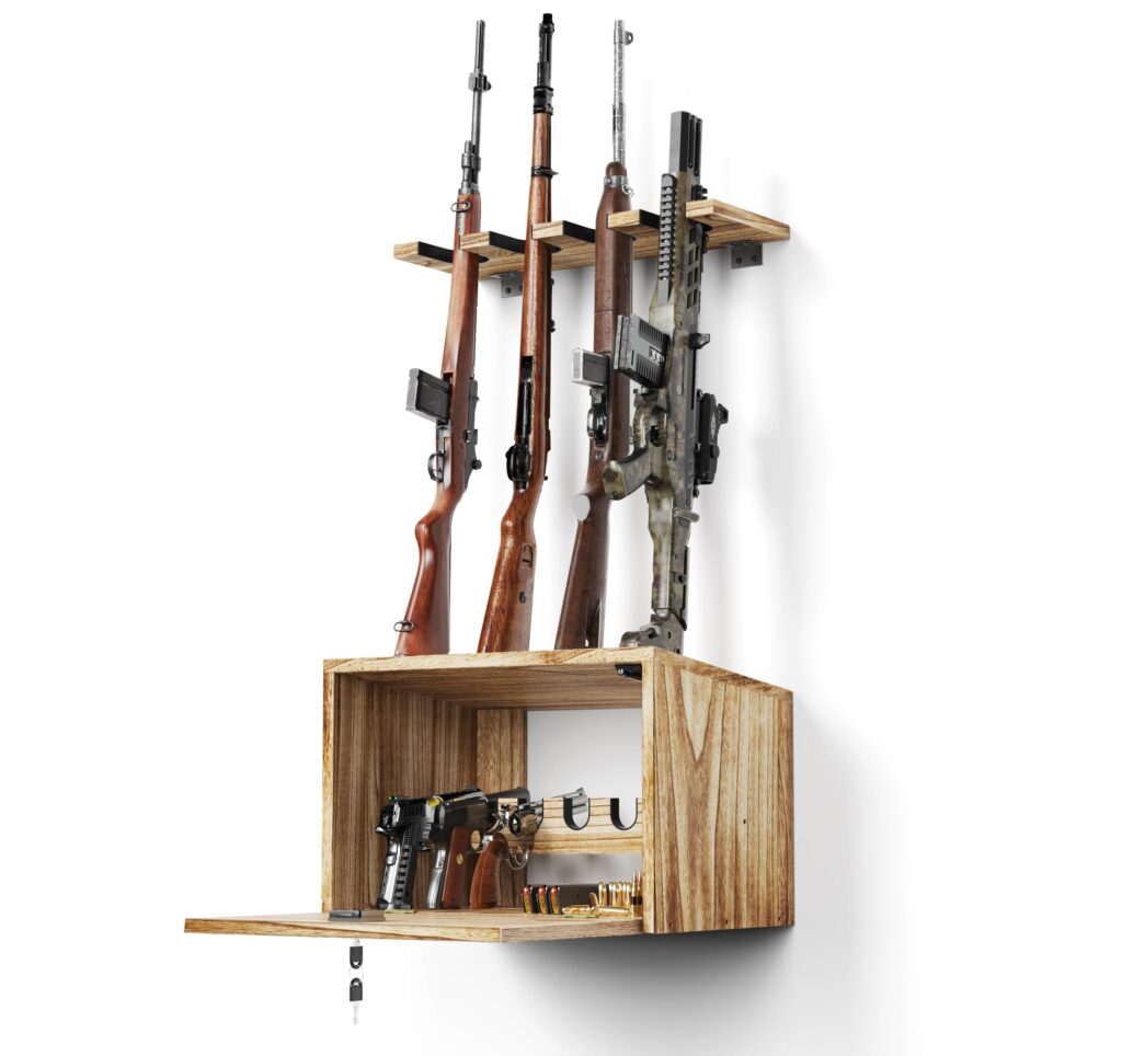 Emfogo Gun Rack Wall Mount, Wooden Rifle Racks with Gun Rack for Wall, Gun Display Racks for Indoor Firearms Storage, Holds up to 4 Long Guns and 6 Handguns, Gifts for Husband, Dad